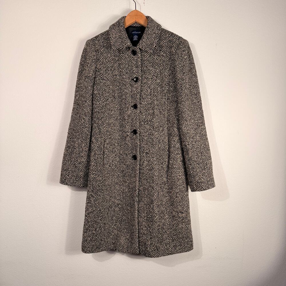 Ann Taylor Black Cream Herringbone Wool Blend Button Front Coat Size 6